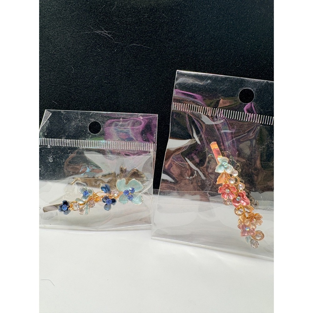 Unbranded Blue Pink Floral Cubic Zirconia Hair Barrettes 2‎ Piece Set Multicolor